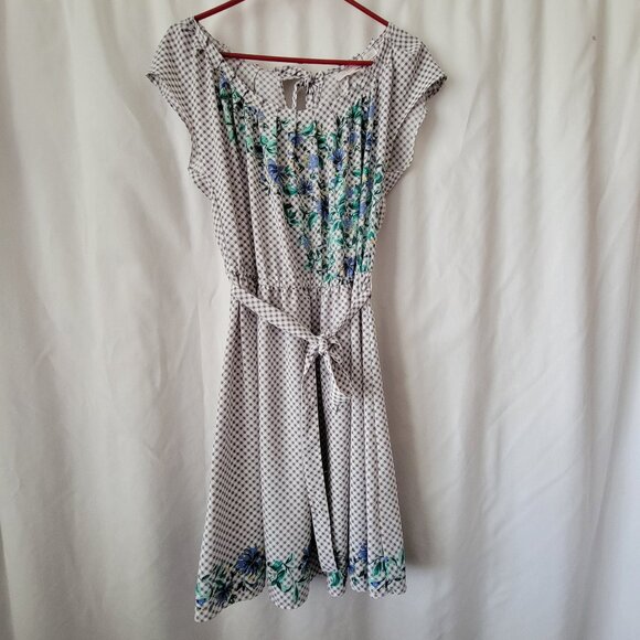 Lauren Conrad Medium Dress Checkered Floral Tie back Pleated Neck Cap sleeve EUC - Picture 1 of 13